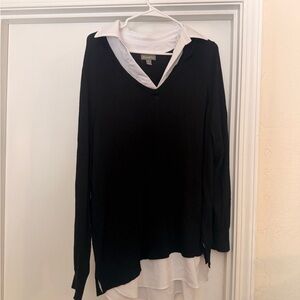 Style & Co. Black V-Neck Layered Knit Top with White Collar